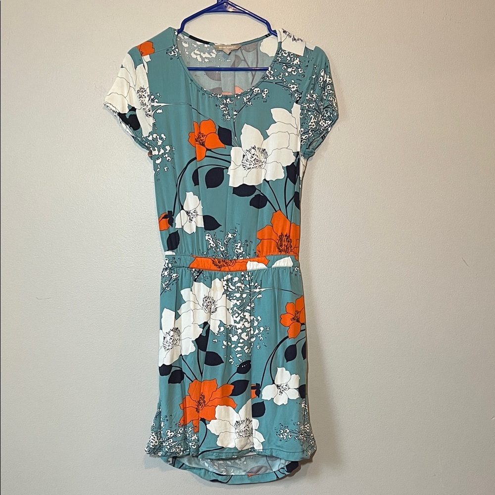 Banana Republic Teal Floral Mini Dress with Orange & White Accents